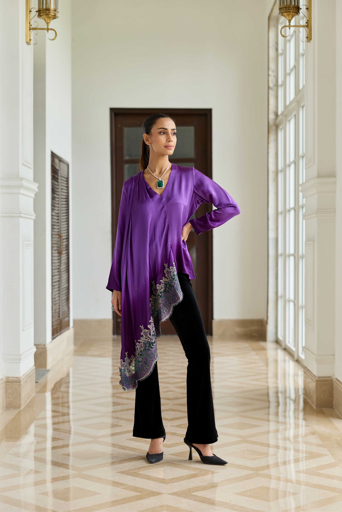 Ornate Purple Gradient Hand Embroidered French Lace Silk Satin Scarf Top