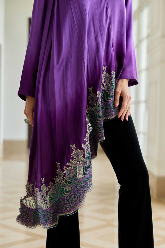 Ornate Purple Gradient Hand Embroidered French Lace Silk Satin Scarf Top