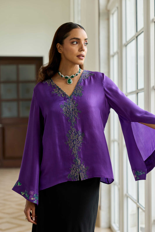 Elaria Purple Hand Embroidered French Lace Twill Silk Shirt