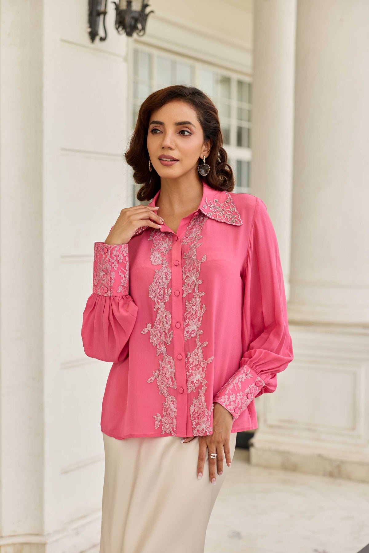 Thistle Fuchsia Pink Cutdana Embroidery French Lace Shirt