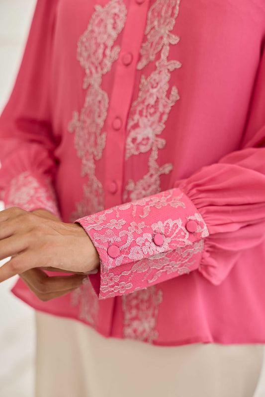 Thistle Fuchsia Pink Cutdana Embroidery French Lace Shirt