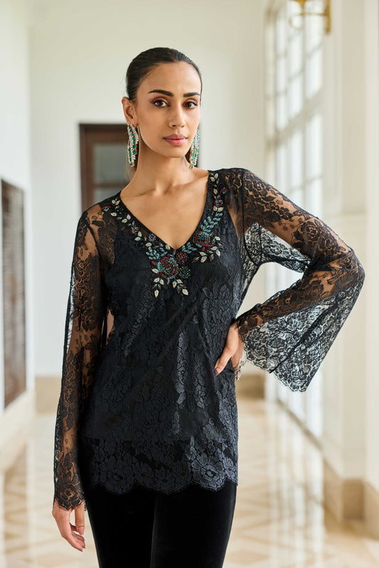 Scepter Classic Black French Chantilly Lace Beaded Embroidery Top