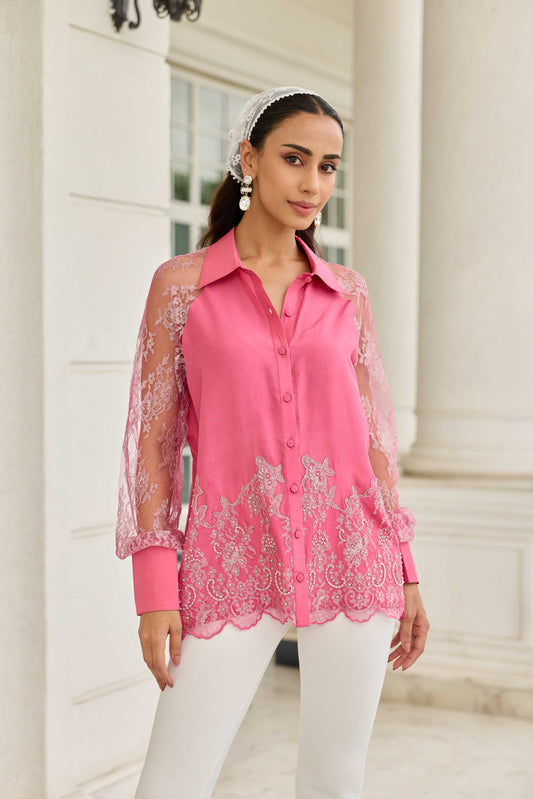 Fuchsia Duchess Pink Hand Embellished French Lace Habotai Silk Shirt