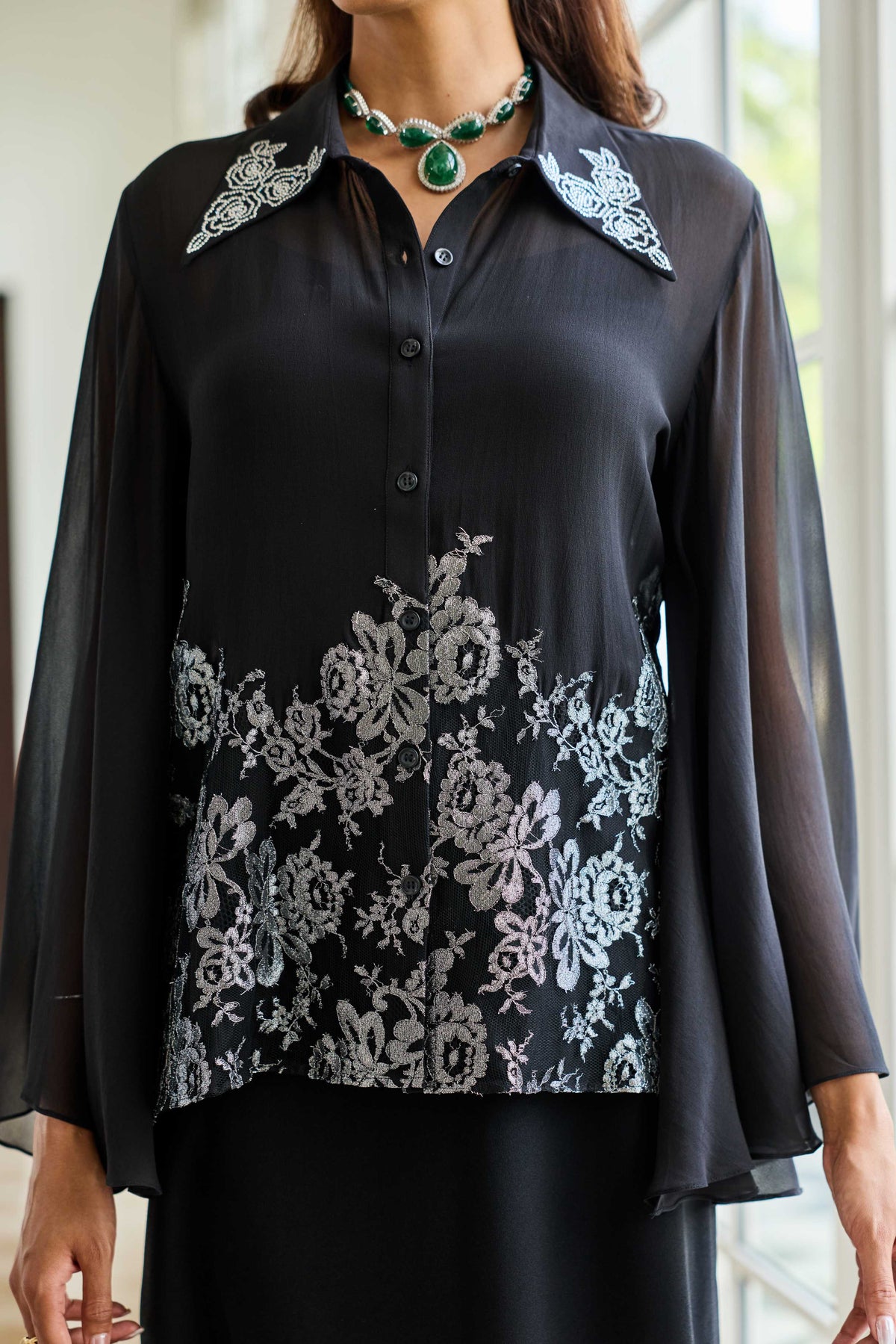 Monochrome Muse Swarowski French Lace Georgette Shirt