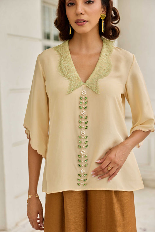 Celestial Echo Soft Beige Hand Embroidered French Lace Habotai Silk Top
