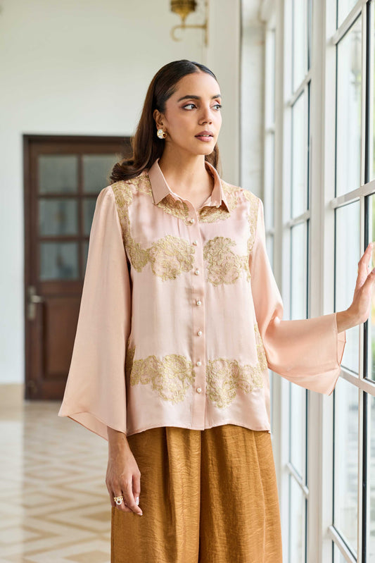 Rosette Mist Dusty Pink Symmetrical Lace Appliqué Satin Silk Shirt