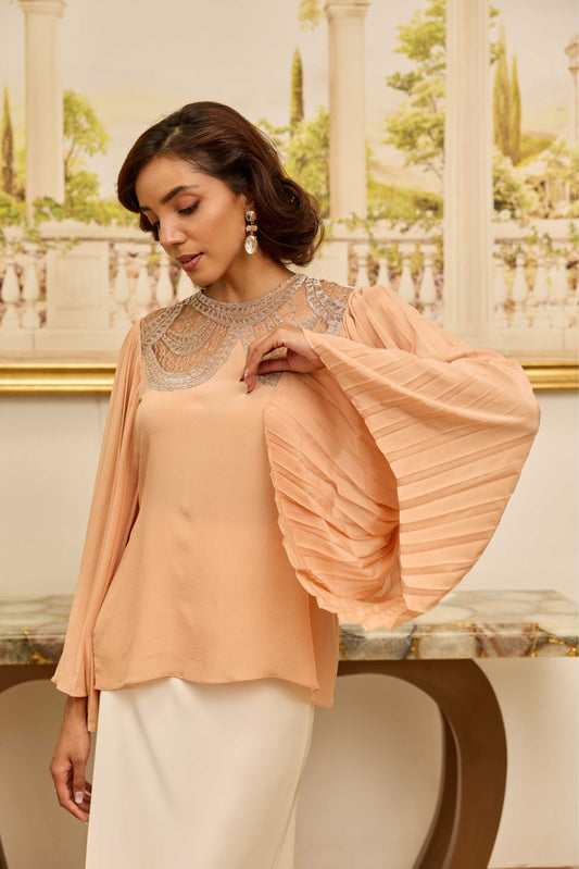 Grace Salmon Peach and Silver French Lace Crepe Top