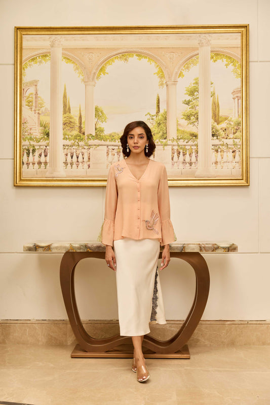 Serenade Peach Hand Embroidered French Lace Crepe Silk Top