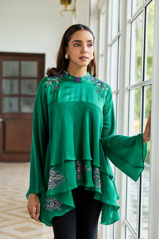 Emerald Oath Hand Embroidered French Lace Crepe Top
