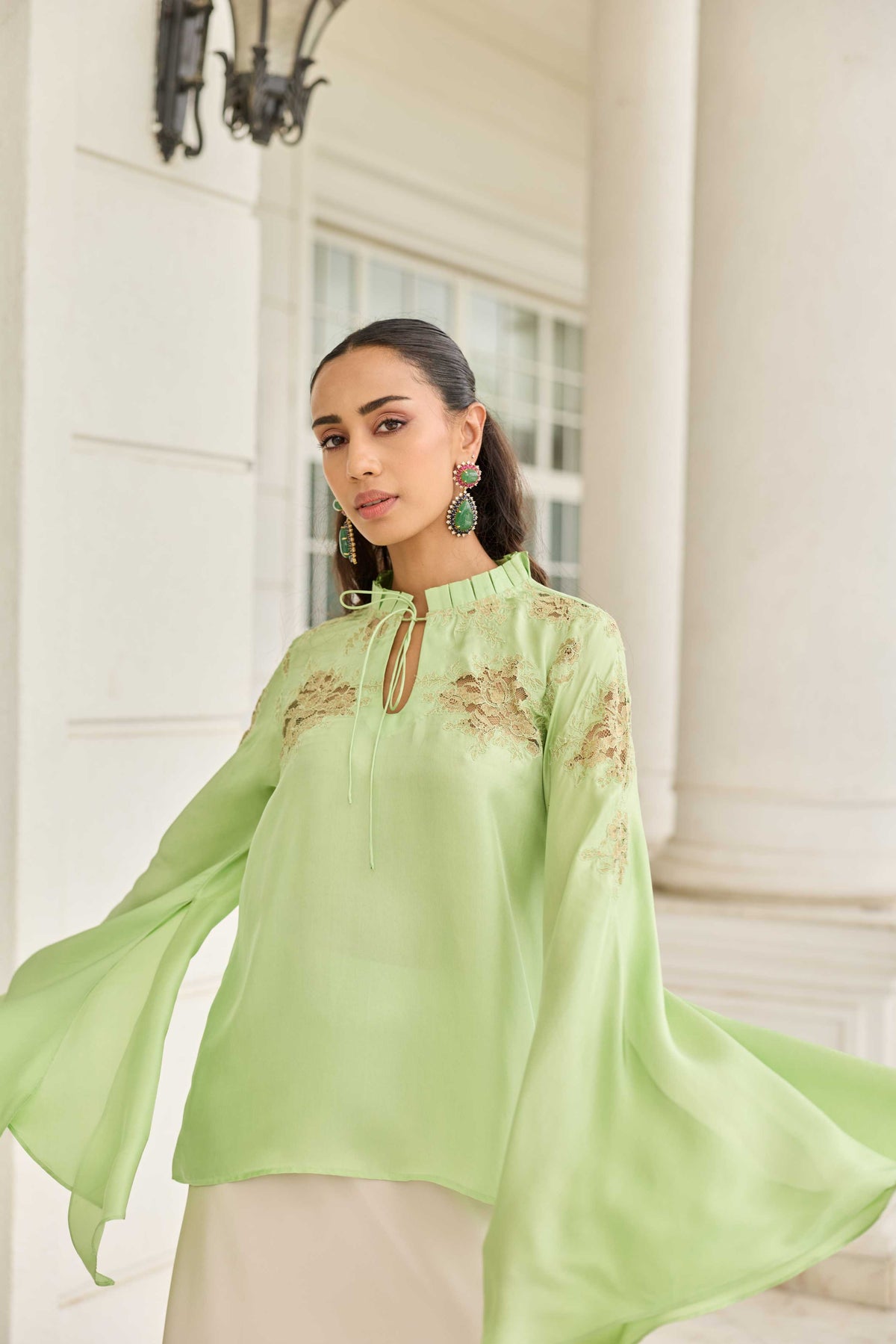 Reverie Pastel Verdant Hand Patched French Lace Twill Silk Top