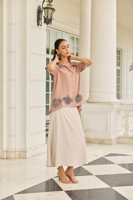 Threaded Devotion Grain Brown French Lace Flat Chiffon Shirt