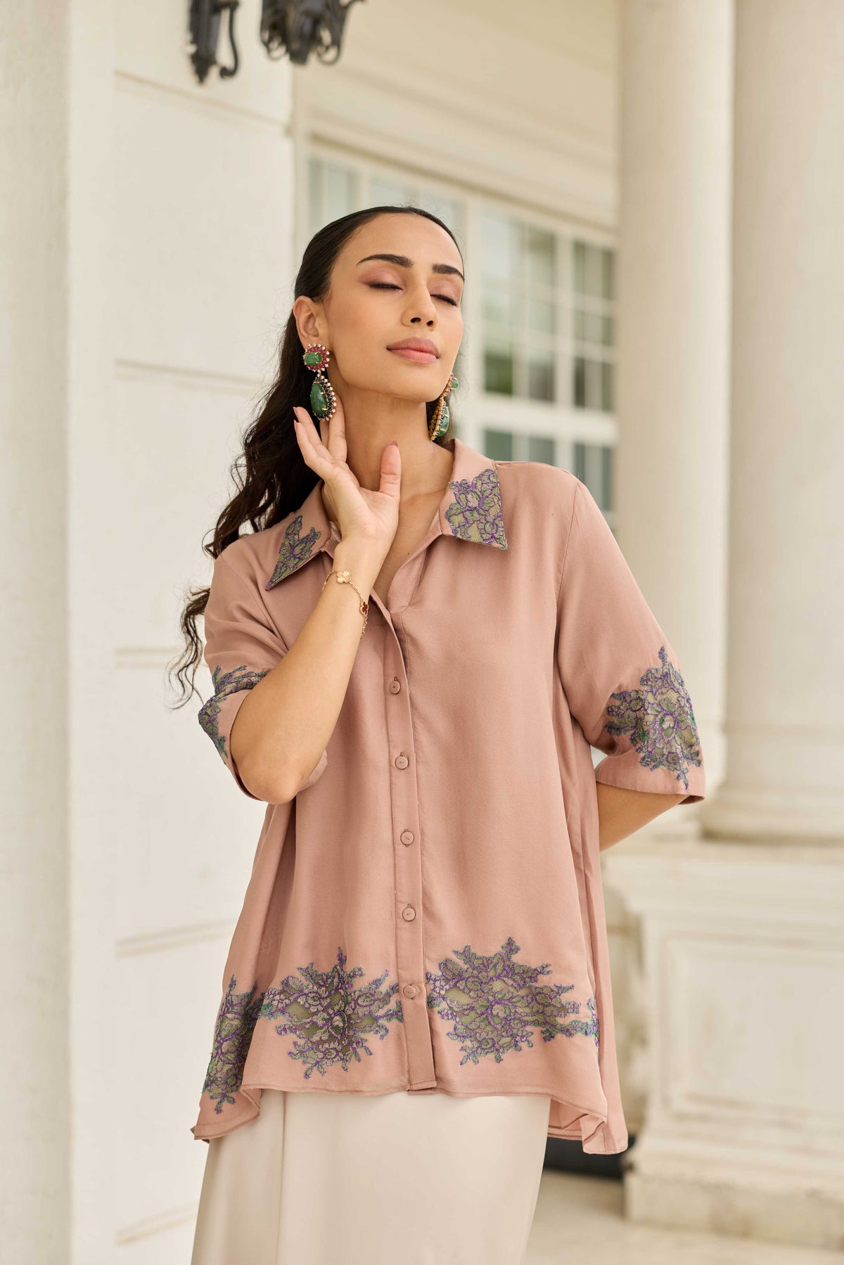 Threaded Devotion Grain Brown French Lace Flat Chiffon Shirt