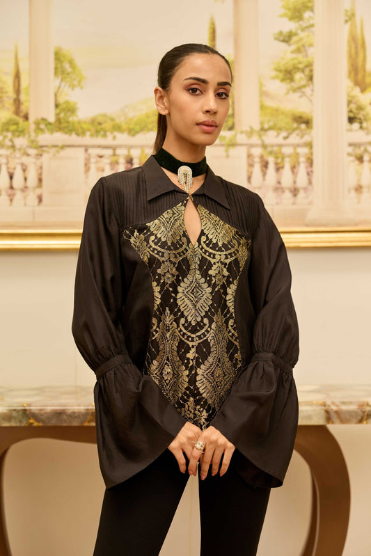 Gilded Legacy Black Habotai Silk Shirt with French Lace Panels