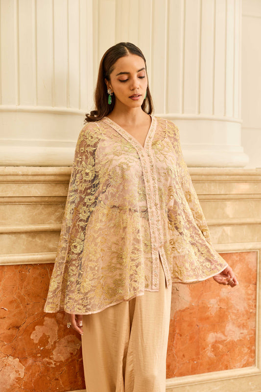 Amara Placket Embroidered Blush Pink French Chantilly Lace Cape