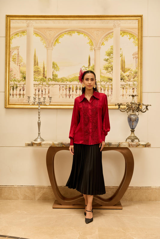 Amulet Cherry Red French Lace Panel Hand Embellished Twill Silk Shirt