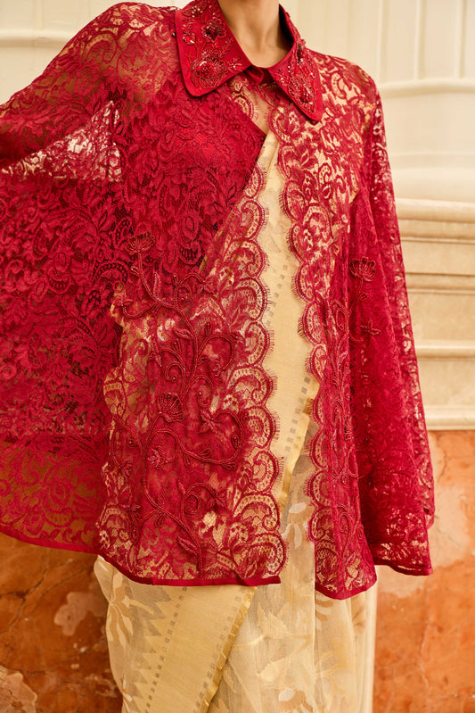 Scarlet Bloom Cherry Red Parsi Floral Embroiderered French Lace Cape