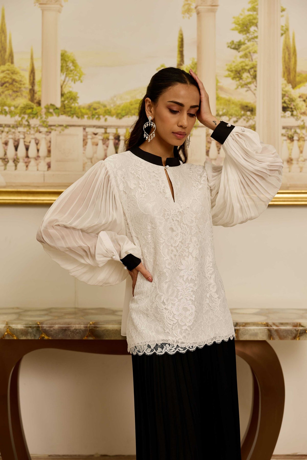 Celestia White French Lace Chiffon Blouse