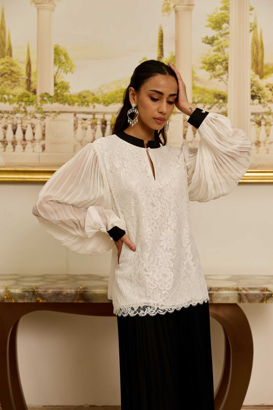 Celestia White French Lace Chiffon Blouse