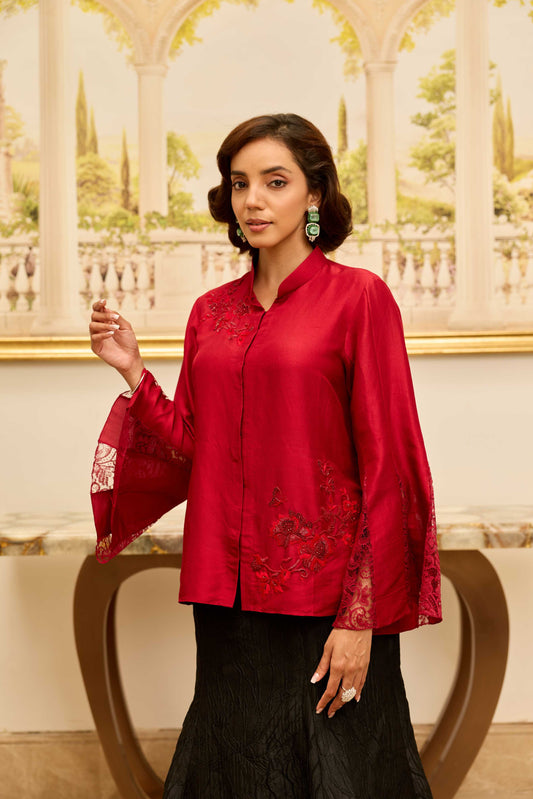 Golden Echo Cherry Red Hand Embroiderred French Lace Dupion Silk Shirt