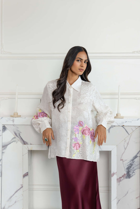 Elysia Ivory Parsi Hand embroidered French Lace Jacquard Crepe Shirt