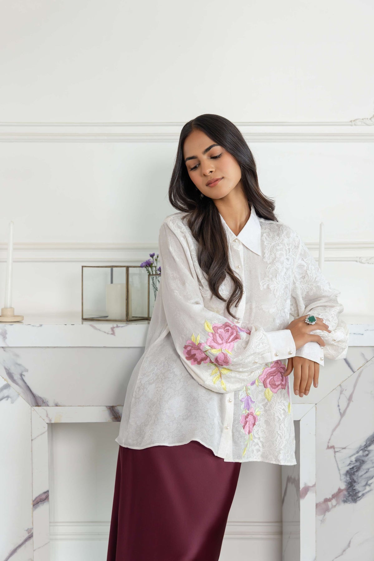 Elysia Ivory Parsi Hand embroidered French Lace Jacquard Crepe Shirt