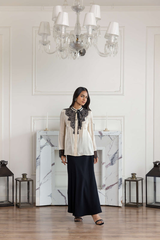 Moonstone Beige Shimmer French Lace Chiffon Top