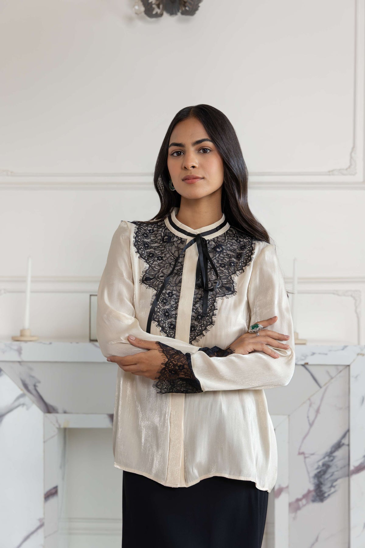Moonstone Beige Shimmer French Lace Chiffon Top