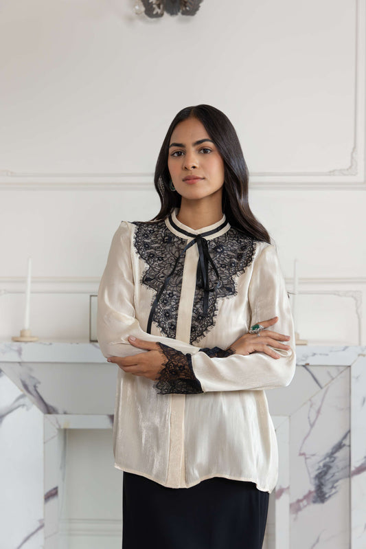 Moonstone Beige Shimmer French Lace Chiffon Top