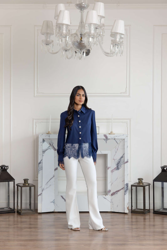 Aureal Blue French Lace Cotton Shirt