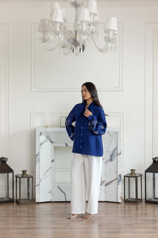 Amariel Navy Blue Hand embroidered French Lace Bow Habotai Silk Shirt
