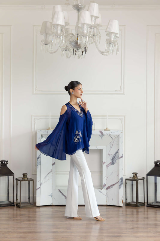 Seraphine Navy Blue Hand embroidered Flat Chiffon Top