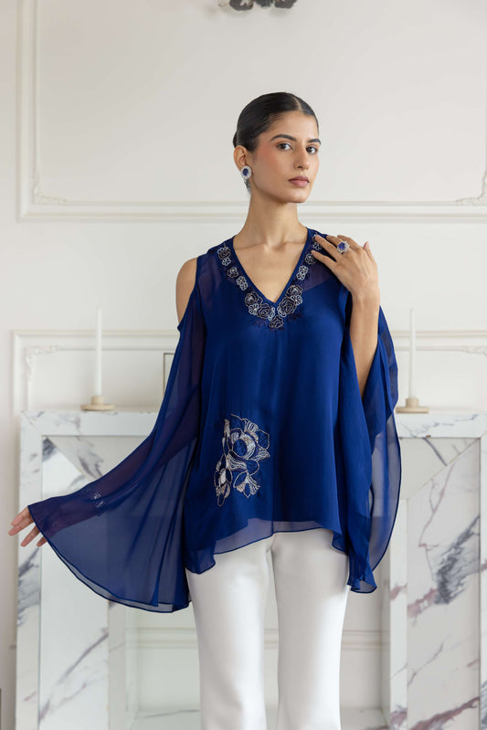 Seraphine Navy Blue Hand embroidered Flat Chiffon Top
