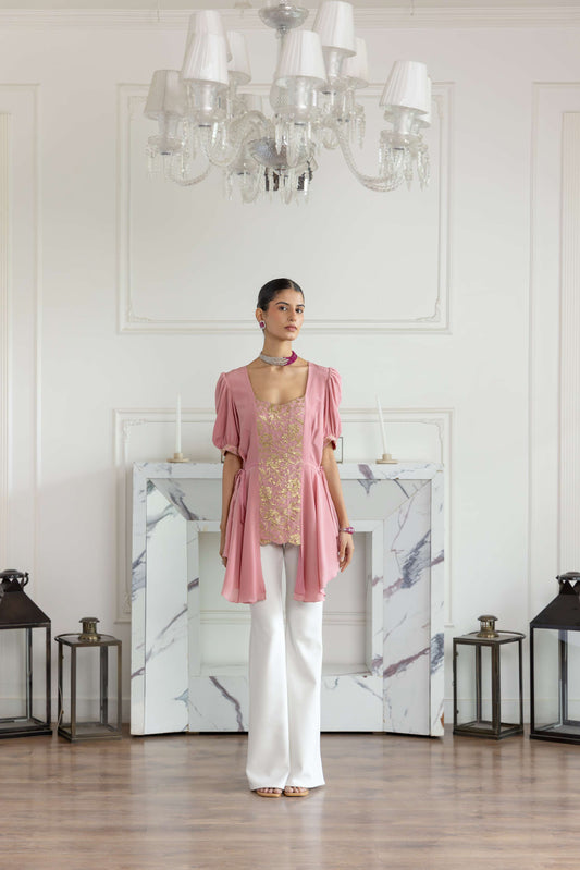 Dahlia Blossom Pink Mettalic French Lace Crepe Top