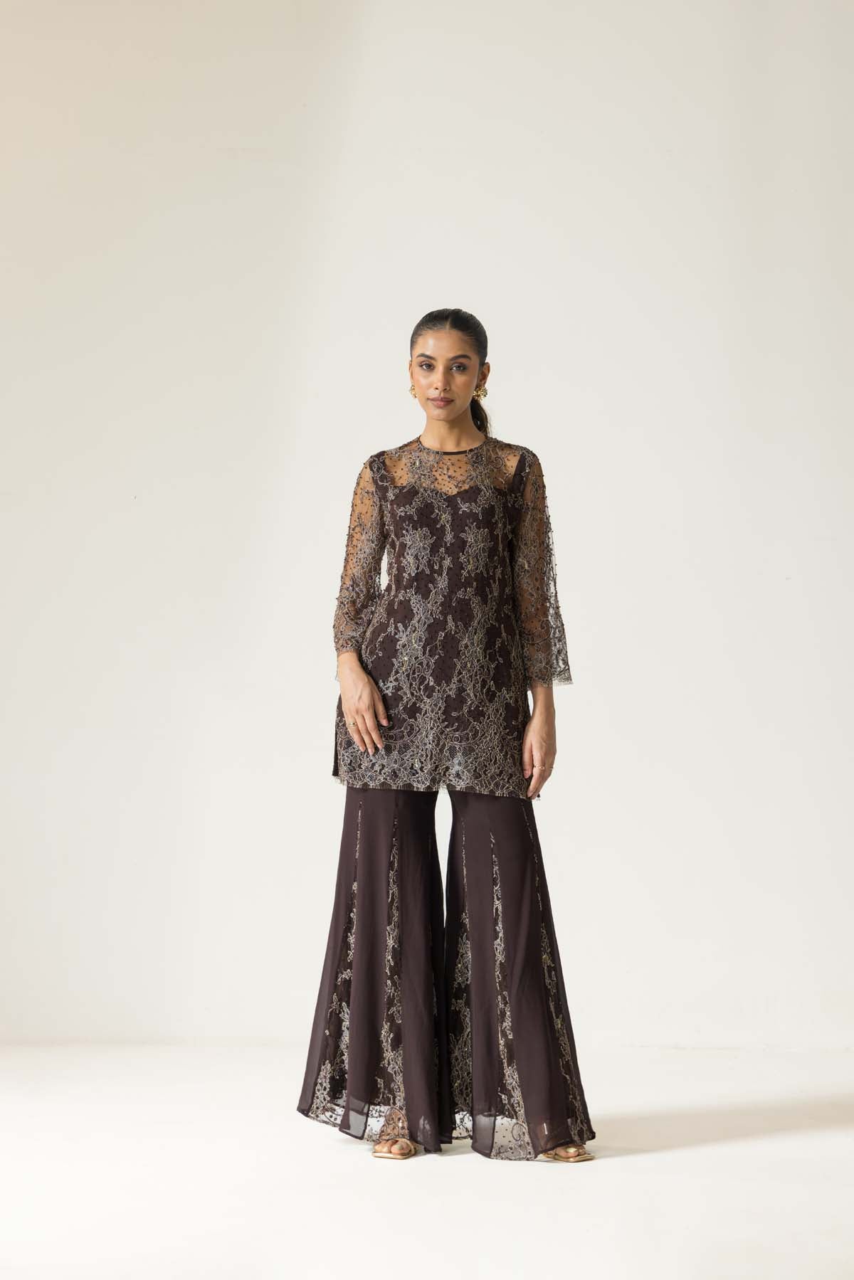 Walnut Rose Hand embroidered French Lace Georgette Sharara set