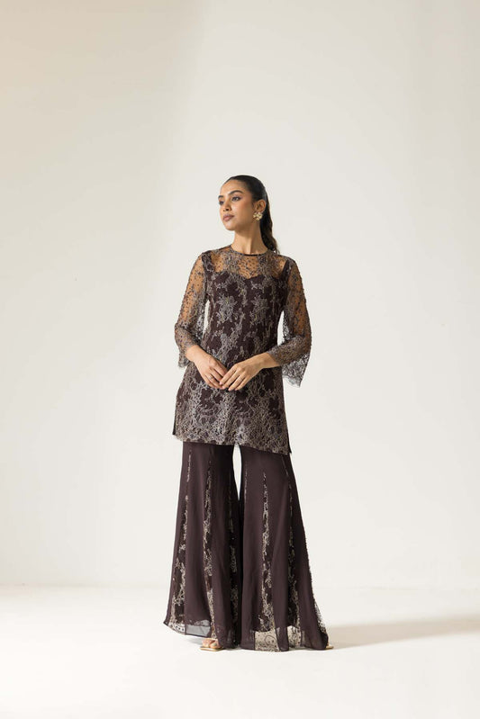 Walnut Rose Hand embroidered French Lace Georgette Sharara set