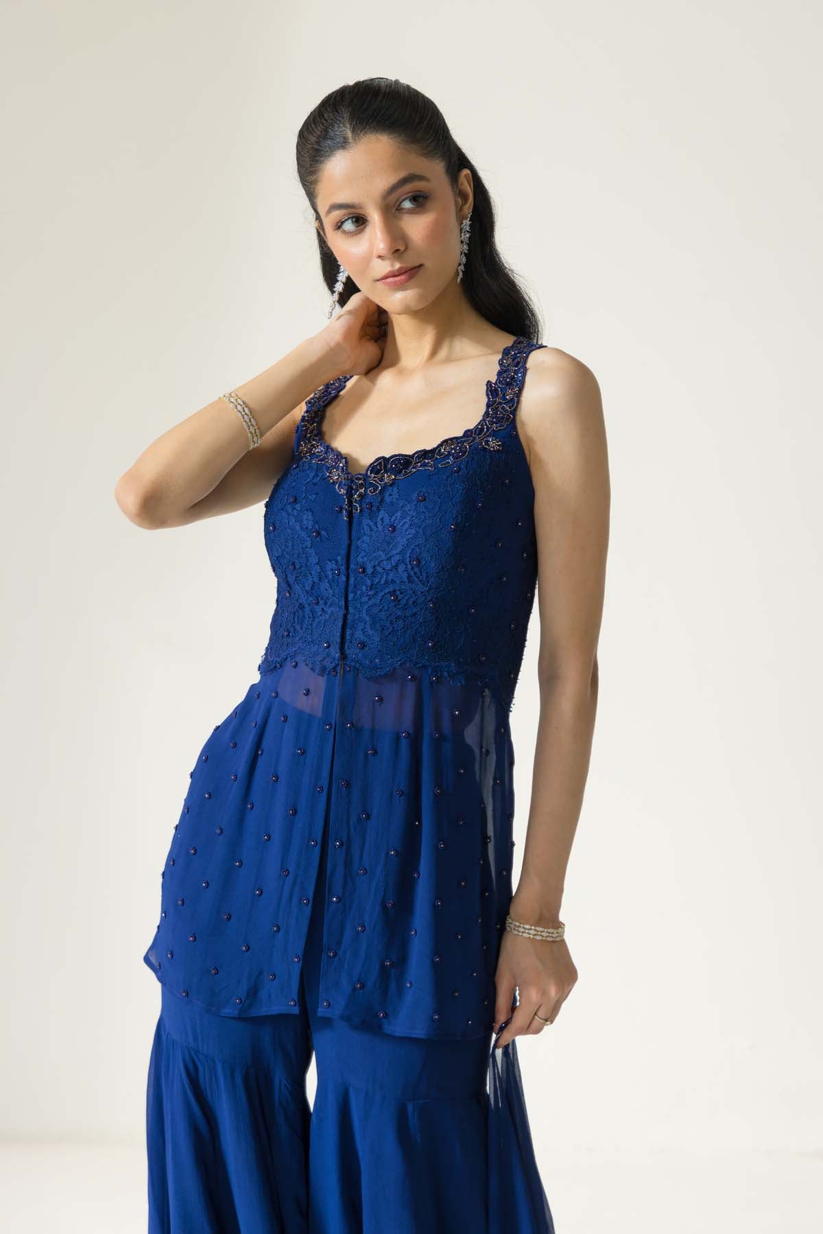 Sapphire Petal Hand embroidered French Lace Georgette Sharara set
