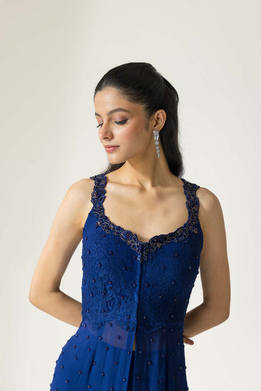 Sapphire Petal Hand embroidered French Lace Georgette Sharara set