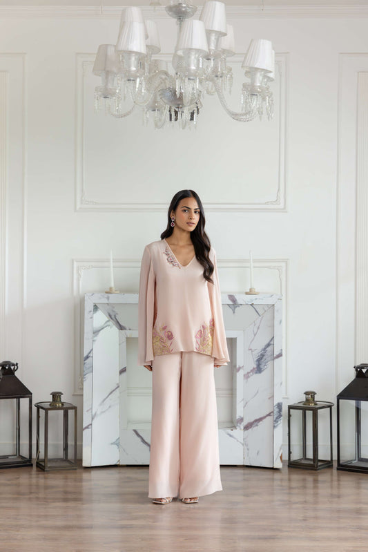 Roselia Blossom Pink Hand embroidered French Lace Crepe Co-ord Set