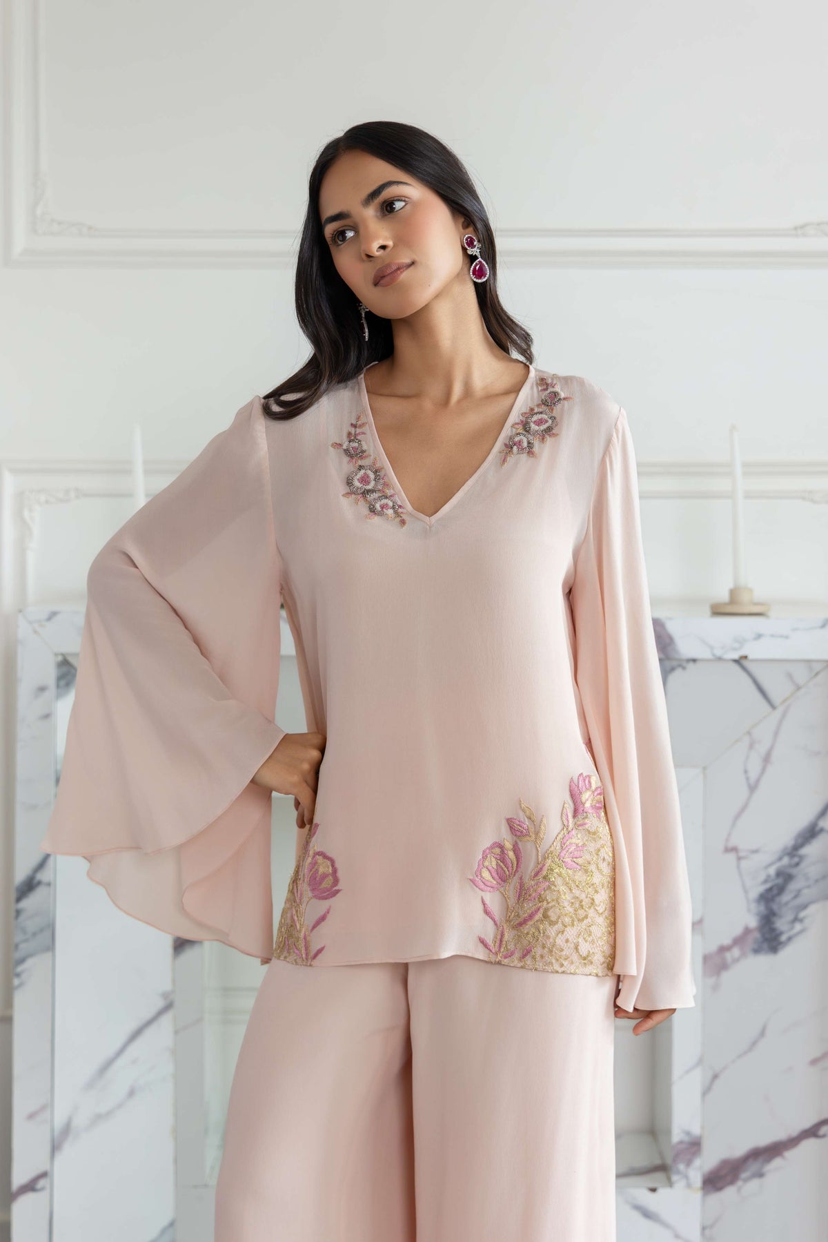 Roselia Blossom Pink Hand embroidered French Lace Crepe Co-ord Set