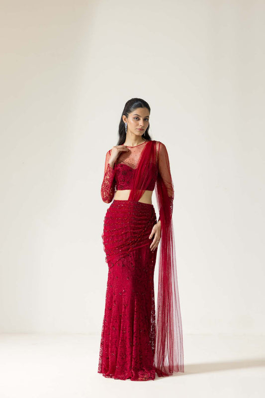 Chantilly rose hand embroidered French lace Draped saree