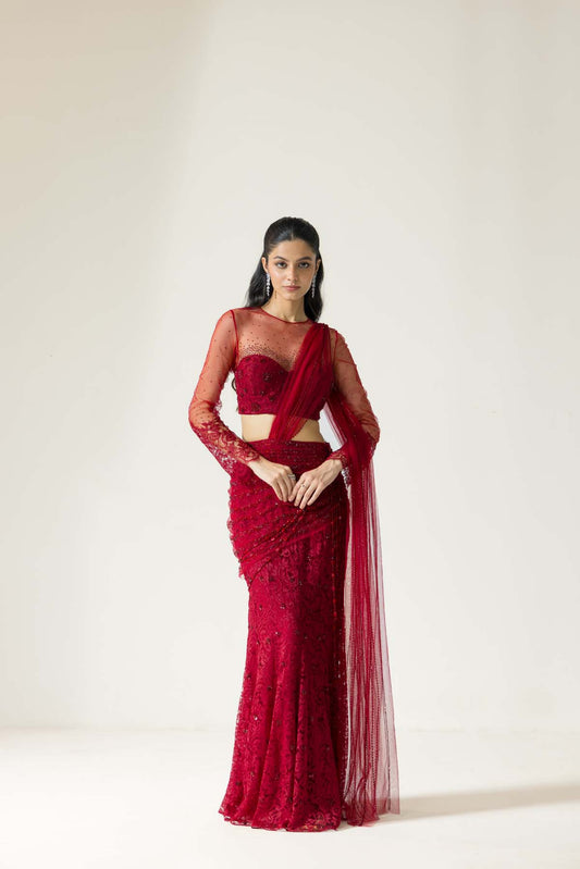 Chantilly rose hand embroidered French lace Draped saree