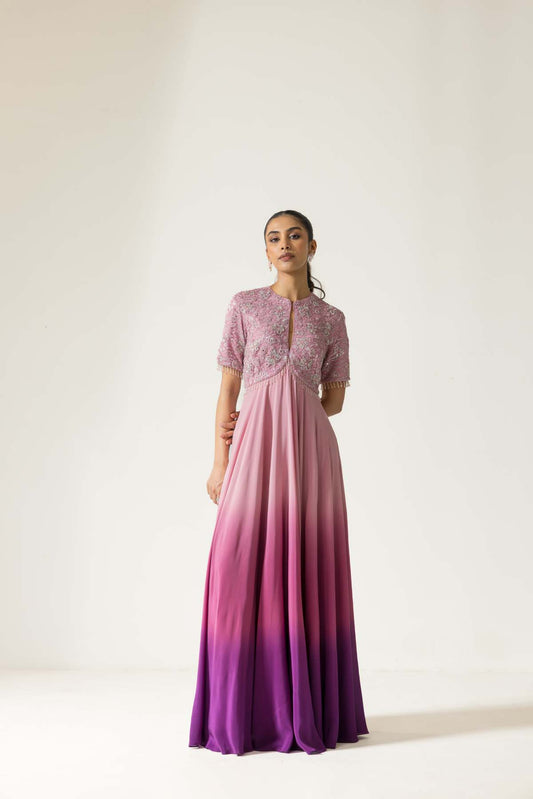 Bougainvillea hand embroidered ombre crepe silk anarkali set