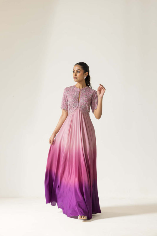 Bougainvillea hand embroidered ombre crepe silk anarkali set