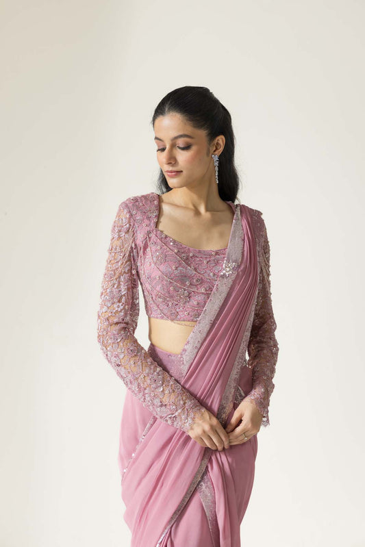 Lantana hand embroidered French lace Draped Georgette Silk saree