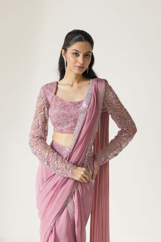 Lantana hand embroidered French lace Draped Georgette Silk saree