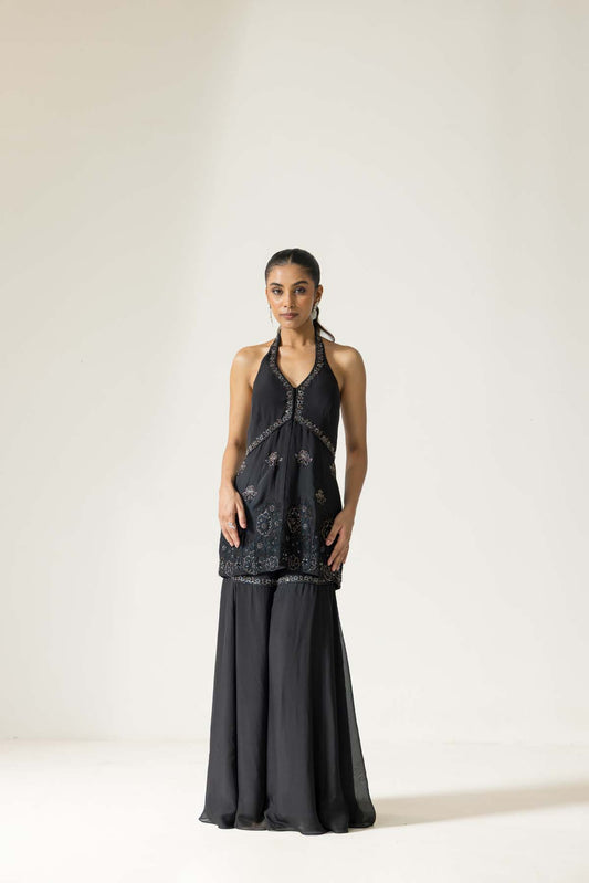 Kusum kamal hand embroidered French lace Chiffon Silk Sharara set