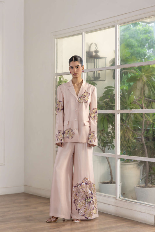 Dynastia Blush Pink Hand Embroided French Lace Dupion Silk Blazer Set