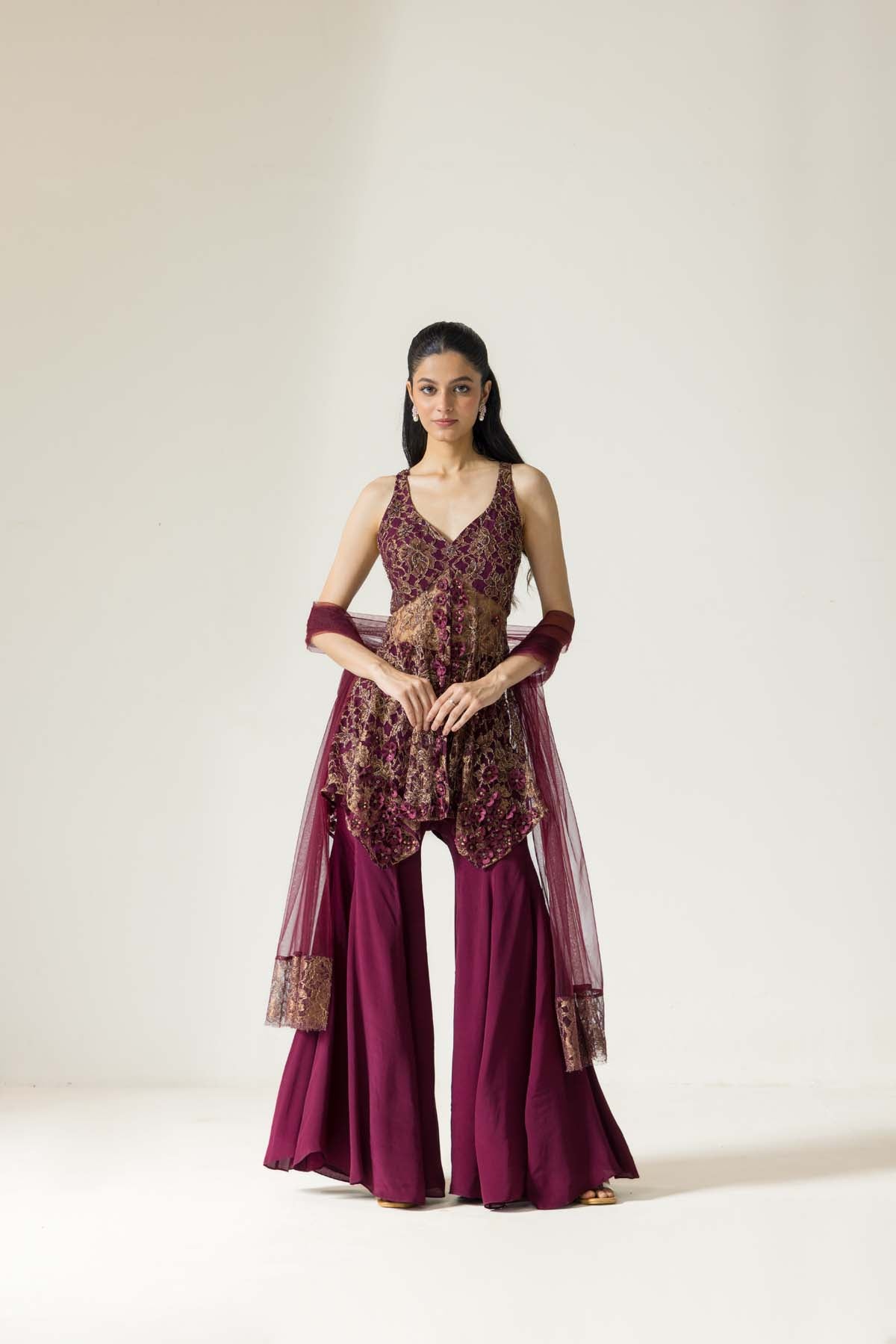 Wine orchid hand embroidered French lace Sharara set