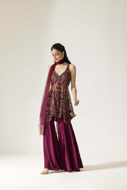 Wine orchid hand embroidered French lace Sharara set