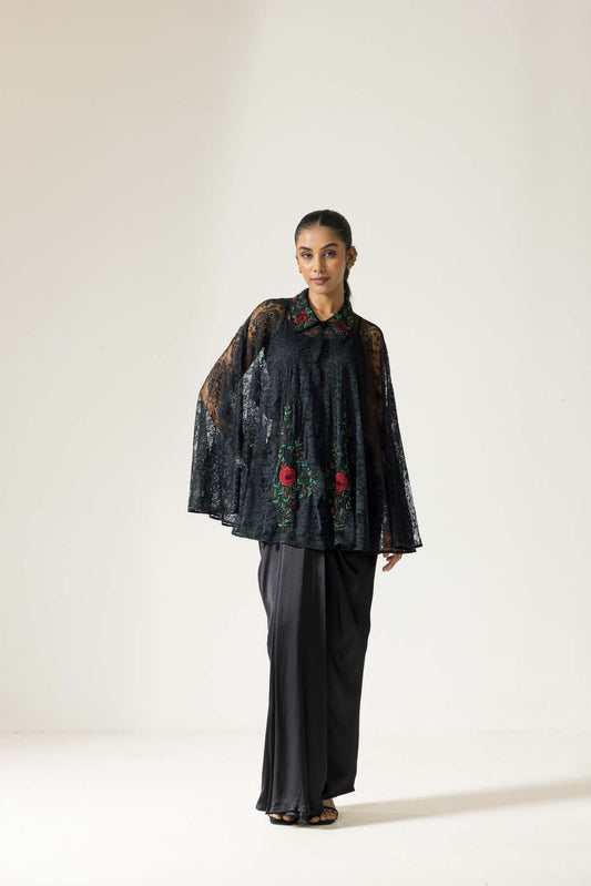 Royal bloom black french chantilly lace hand embroidered cape set